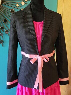 EUC! | Poleci Black Pinstripe Blazer with Pink Ribbon Trim | Size 6